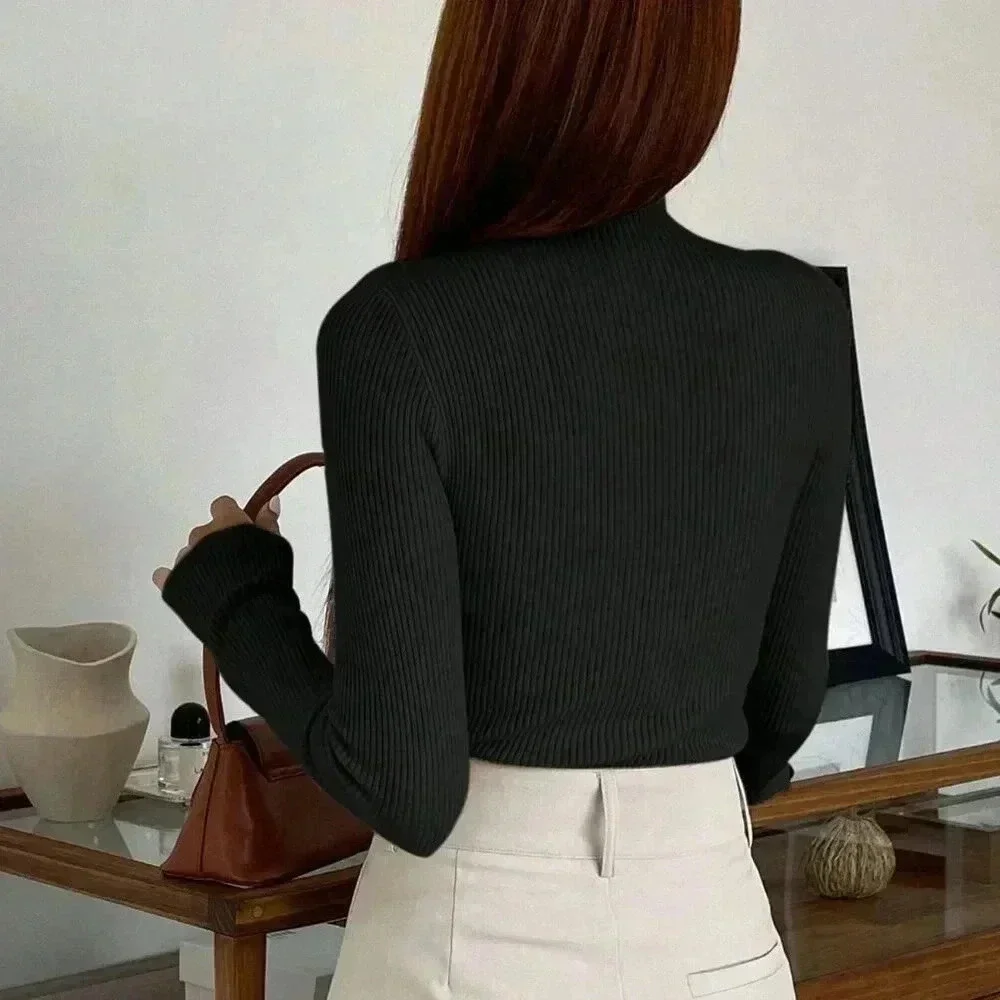 Black Casual Women's Cut Out Mock Neck Ribbed Knit Sweater
